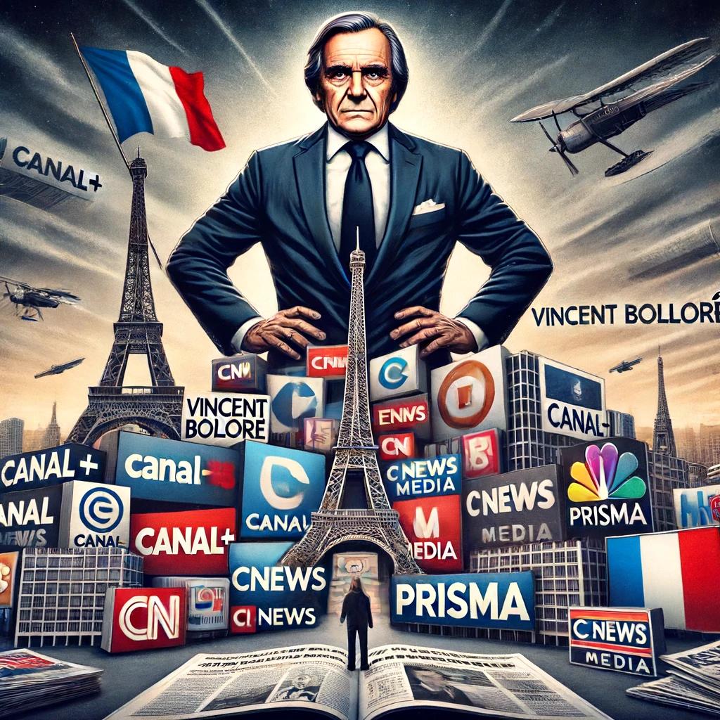 image illustrant l'influence significative de Vincent Bolloré sur la presse française. On y voit une figure puissante, représentant Bolloré, dominant une collection de logos de médias français comme Canal+, CNews, et Prisma Media, avec des journaux et des écrans de télévision affichant ces logos.