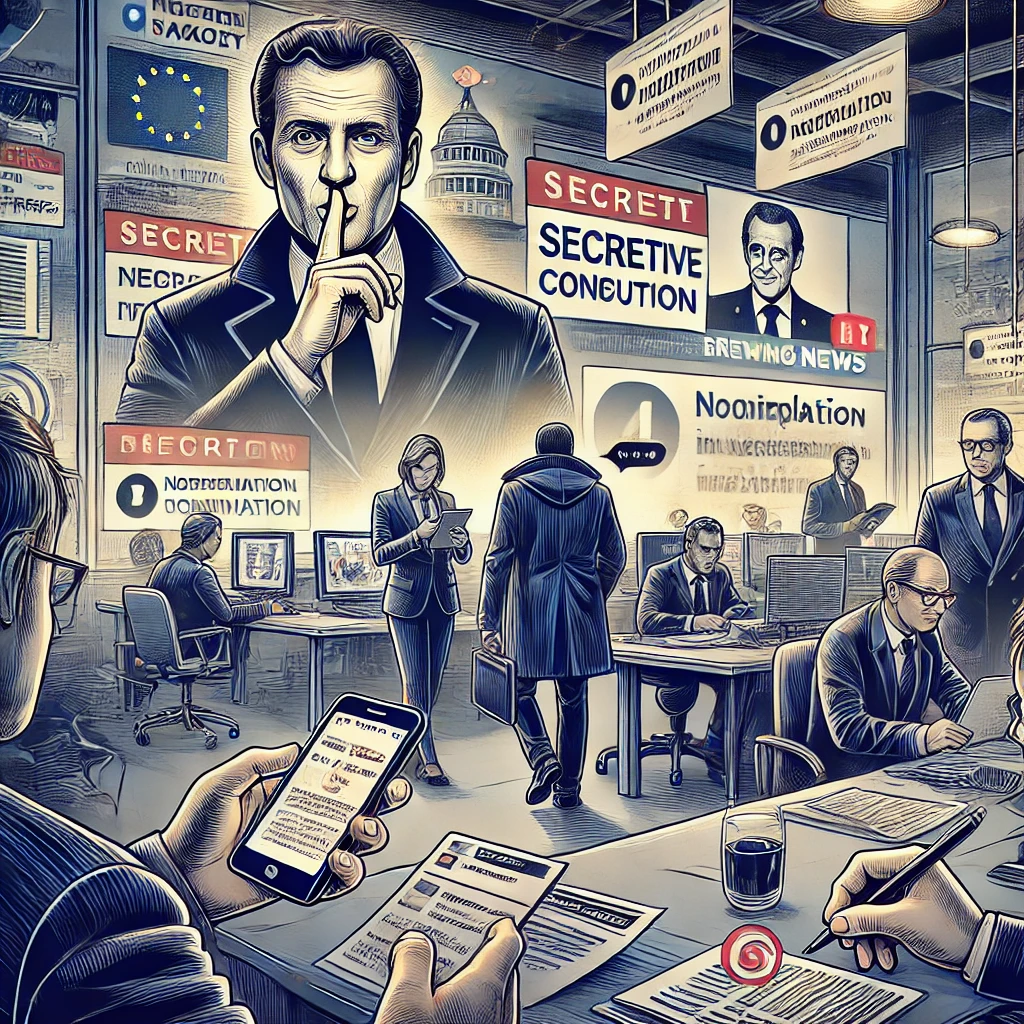 l'image montre une salle de rédaction avec des figures journalistiques et des cadres en arrière-plan, échangeant des messages secrets, tandis qu'un écran de télévision affiche une édition spéciale sur Nicolas Sarkozy. Des éléments de manipulation et de coordination, tels que des notes et des notifications de messages, sont également visibles. L'ambiance est dynamique et tendue, reflétant l'urgence et l'effervescence de la situation.