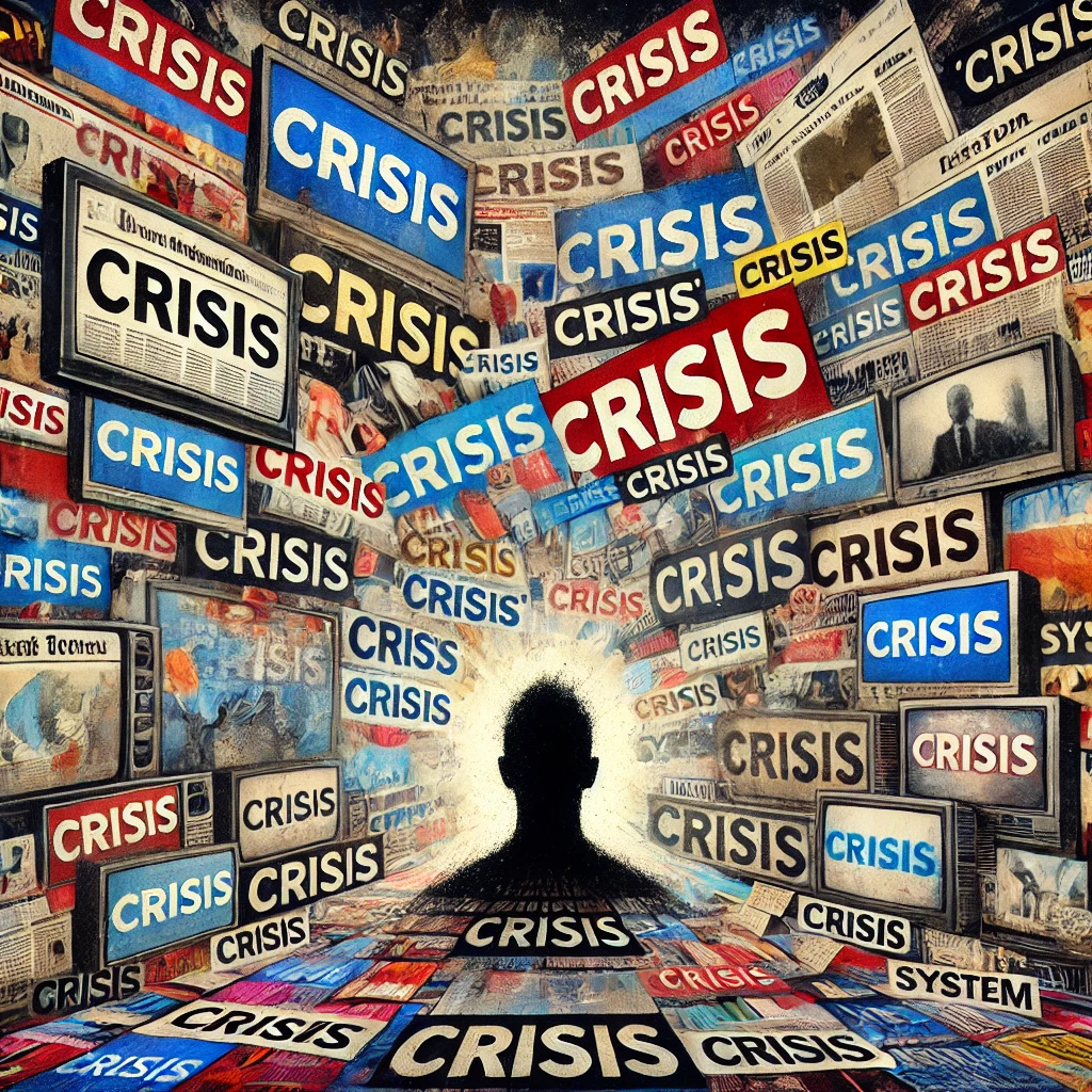 Cette image capture le paysage médiatique chaotique avec des titres de journaux, des écrans de télévision et des flux de réseaux sociaux affichant tous "CRISE" en gros titres. En arrière-plan, une figure ombrée représentant le "système" se cache derrière ce vacarme.