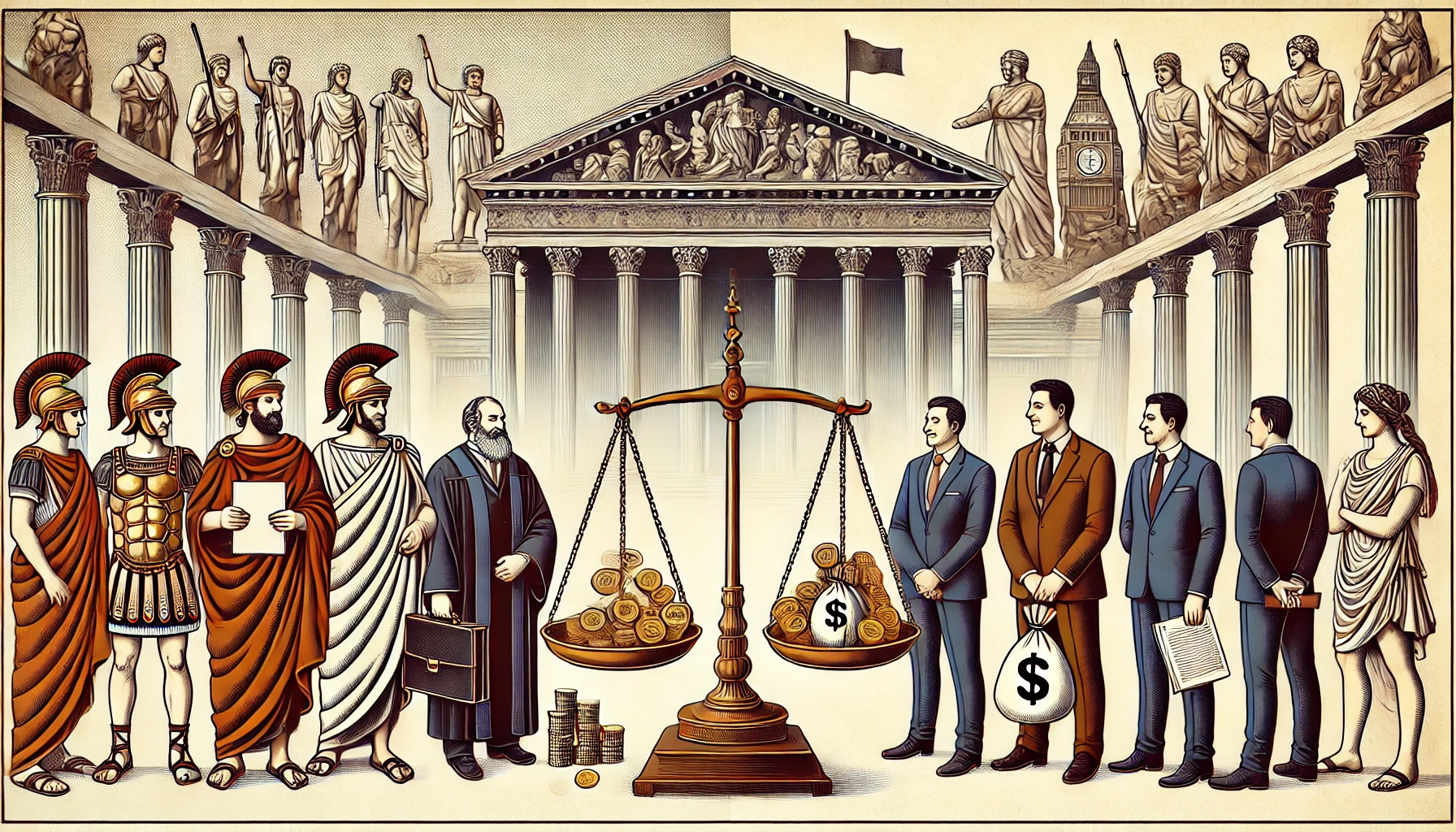 illustration représentant la comparaison entre les anciens sénateurs romains et les figures politiques modernes. D'un côté, les sénateurs romains en togas traditionnelles avec des parchemins et des pièces, dans une architecture romaine grandiose. De l'autre côté, des figures politiques modernes en costumes, avec des documents et des sacs d'argent, dans un bâtiment parlementaire moderne. Au centre, une balance symbolisant l'équilibre du pouvoir et des privilèges à travers le temps.