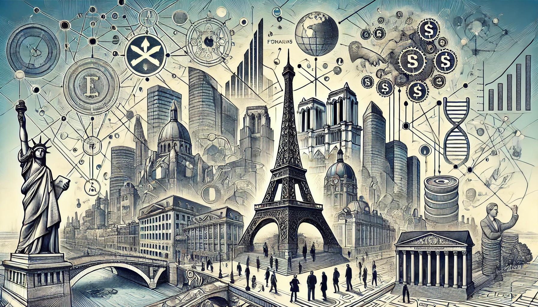 illustration qui reflète l'interaction complexe entre la politique et la finance, mettant en évidence l'influence de Vanguard et BlackRock sur les réformes en France. L'image combine des éléments symboliques de Paris, des réformes gouvernementales et des géants financiers, montrant leur interconnexion et leur impact mutuel.