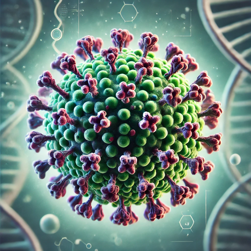 illustration d'un virus, l'image montre la structure sphérique caractéristique avec des protéines spike.