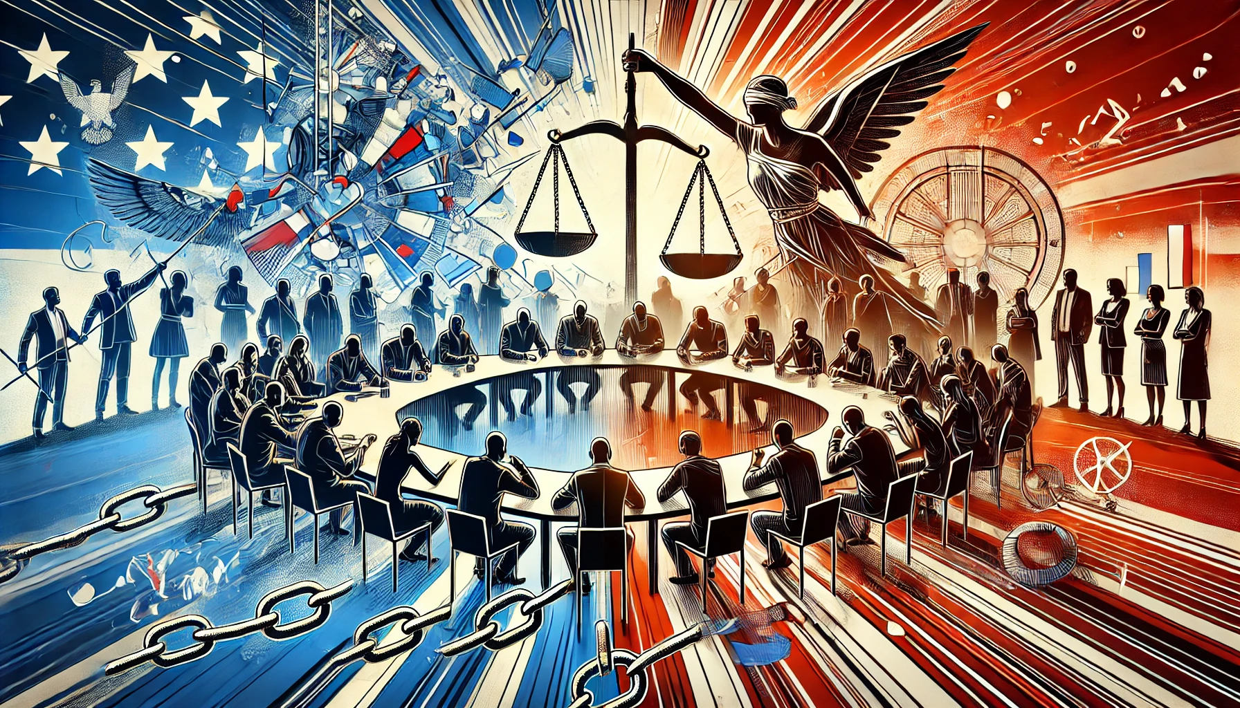 l'illustration représente un groupe diversifié de personnes, symbolisant le peuple, autour d'une grande table en pleine discussion constructive. En arrière-plan, des éléments symboliques de la politique, tels que les balances de la justice, une chaîne brisée (symbolisant la libération des contraintes) et le drapeau français sont subtilement intégrés. L'atmosphère reflète l'idée de reprendre le pouvoir politique et de redéfinir les règles du jeu