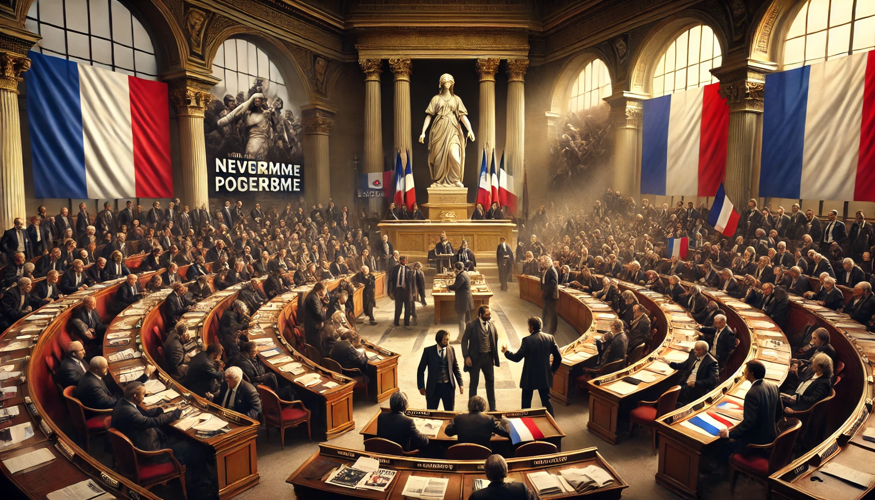 L'image montre l'intérieur de l'Assemblée avec les trois groupes distincts de représentants engagés dans des discussions animées, ainsi que les symboles iconiques de la France en arrière-plan.