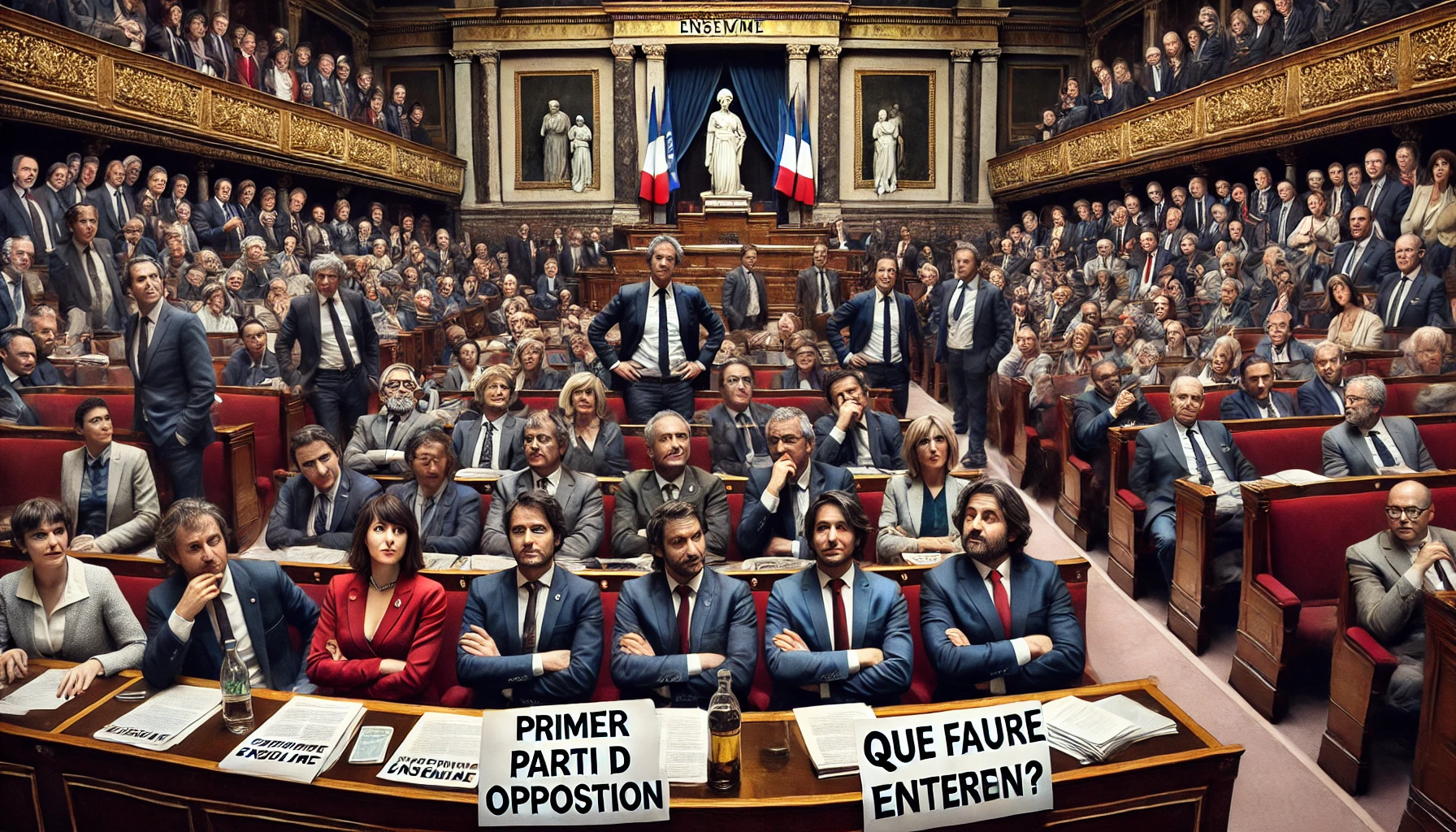 illustration ironique de la situation actuelle où le parti présidentiel, Ensemble, se retrouve en position d'opposition. La scène montre l'intérieur de l'Assemblée nationale avec des membres d'Ensemble ayant l'air confus et décalés, assis sur les bancs de l'opposition, tenant des pancartes ironiques