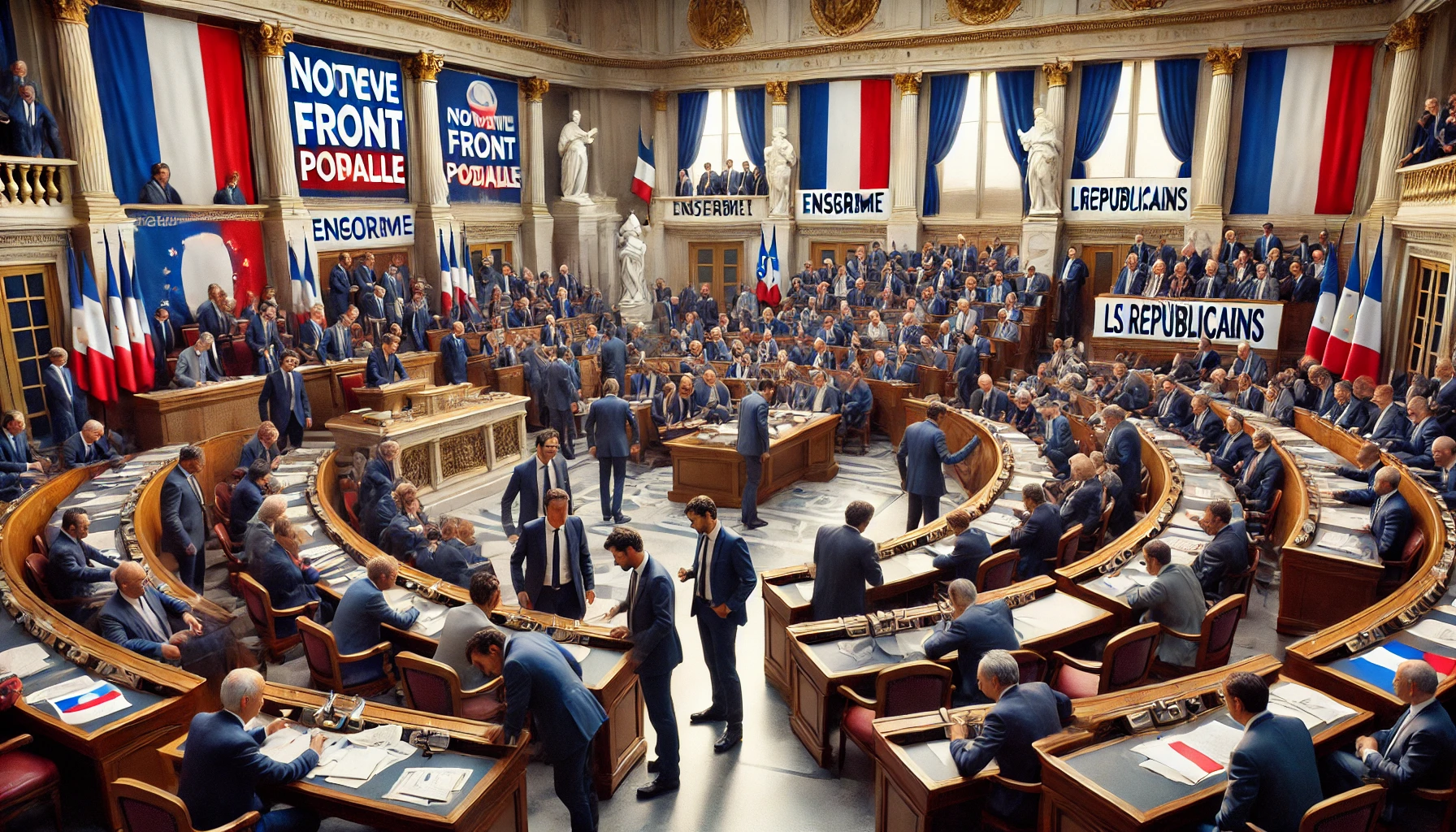 La scène montre l'intérieur de l'Assemblée avec des représentants de divers partis en pleine discussion. Des bannières représentent différents groupes politiques comme le Nouveau Front Populaire, Ensemble, et Les Républicains. Certains représentants négocient, d'autres semblent frustrés, reflétant l'atmosphère tendue et dynamique de ce paysage politique fragmenté. En arrière-plan, le drapeau français et la statue de Marianne ajoutent une touche de solennité nationale à la scène.