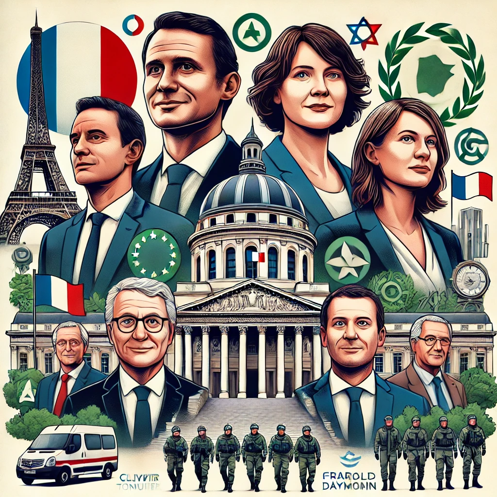 image illustrant les cinq potentiels Premiers ministres devant le bâtiment de l'Assemblée nationale française. Chaque candidat est représenté avec des symboles correspondant à leur position politique
