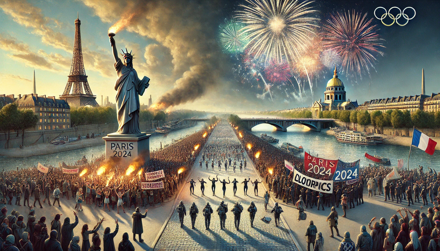 image qui illustre l'ouverture des Jeux Olympiques de Paris 2024 dans un contexte de tension sociale. On y voit les festivités grandioses avec des feux d'artifice et des athlètes défilant le long de la Seine, tandis qu'en arrière-plan, des manifestants brandissent des pancartes et des bannières pour exprimer leur mécontentement. Cette juxtaposition met en évidence le contraste entre l'atmosphère festive des Jeux et le climat de protestation sociale en France.