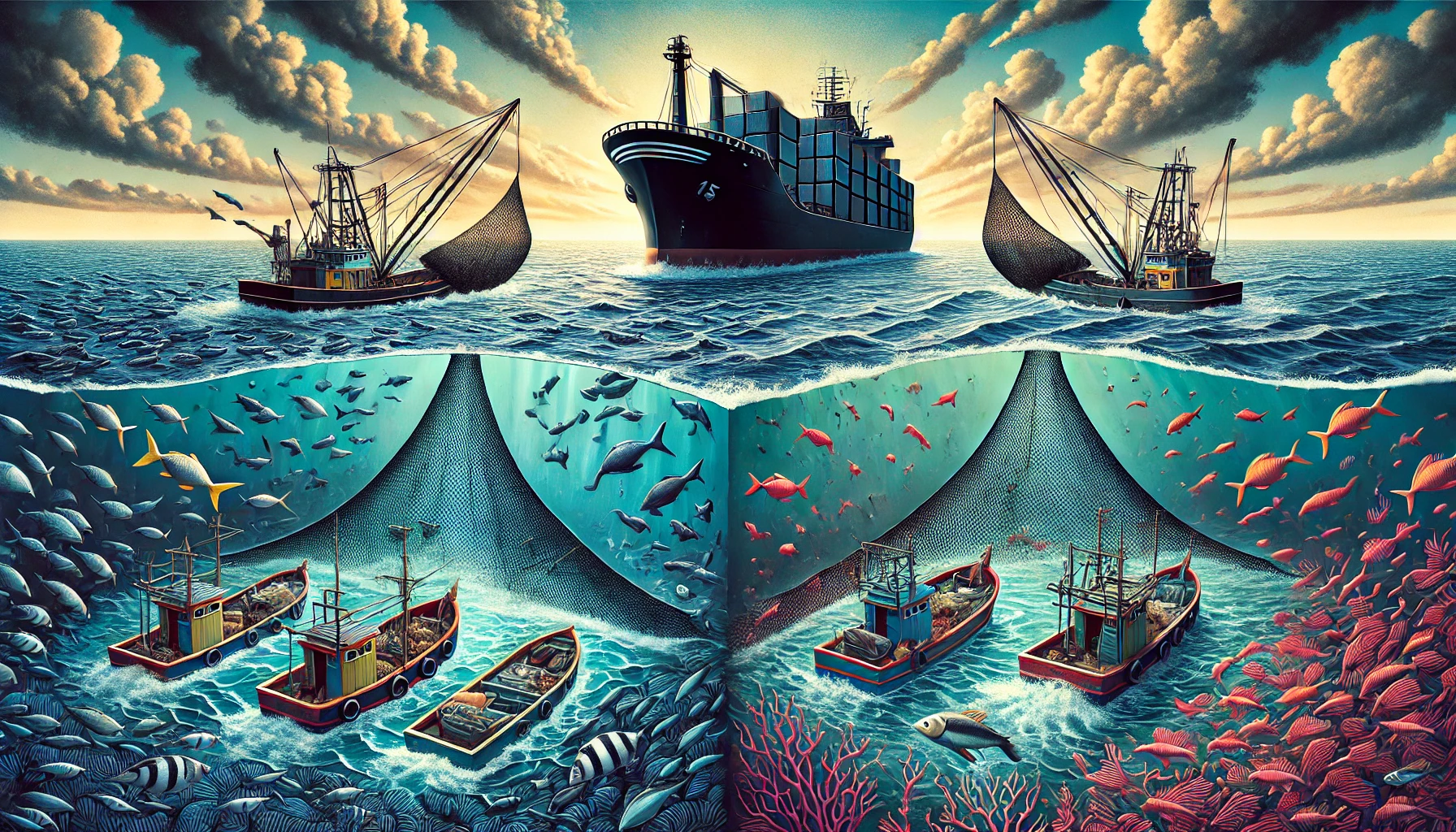 illustration qui met en évidence le contraste entre la pêche industrielle et artisanale, tout en reflétant les impacts environnementaux et sociaux abordés dans l'article.
