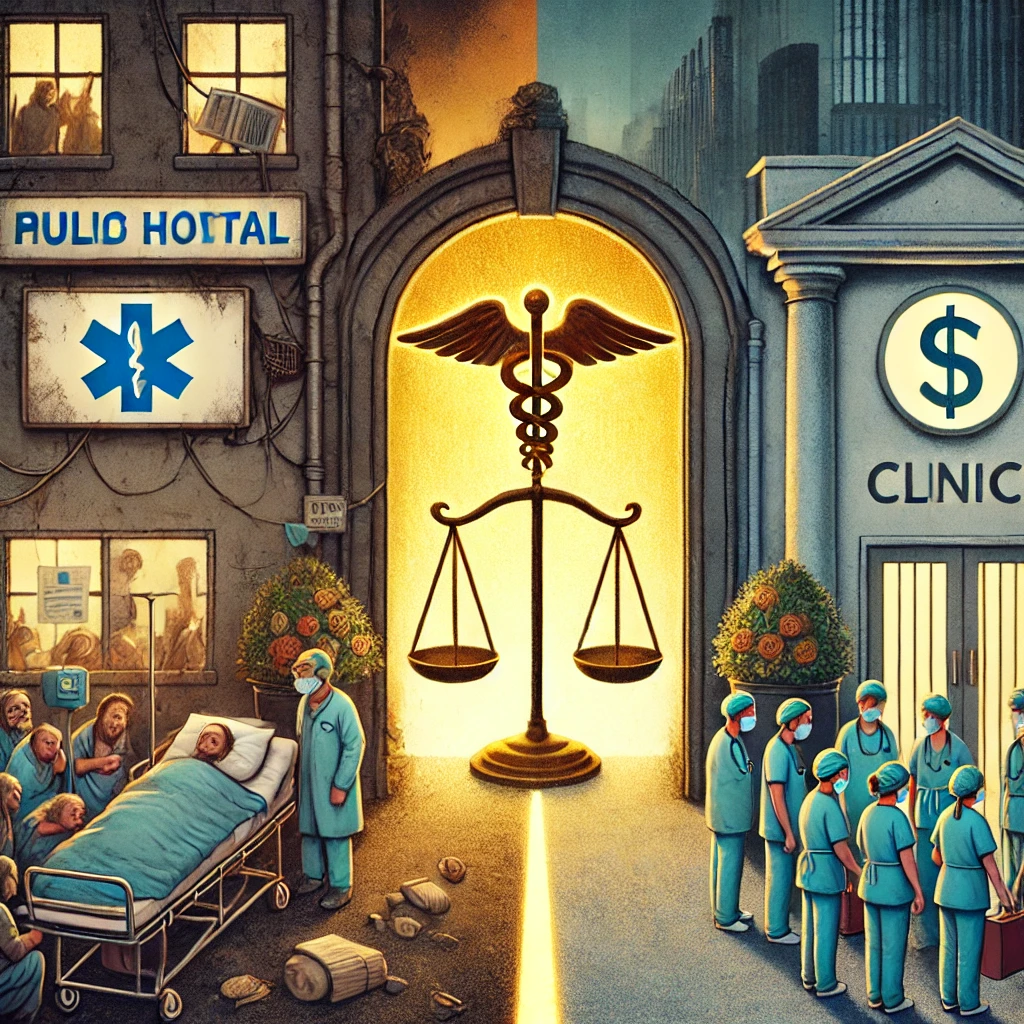 illustration qui reflète le contraste entre le secteur public et privé dans le système de santé, mettant en avant les inégalités et les défis actuels.