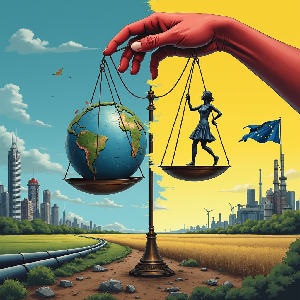 Concept visuel : Une balance tenue par une main représentant l'Union européenne (avec le drapeau européen), pesant deux éléments symboliques : À gauche : Un globe terrestre fragmenté, symbolisant la mondialisation, avec des étiquettes comme « Libre-échange », « Dépendance énergétique » et « Influence américaine ». À droite : Une petite figure symbolisant la souveraineté des États (comme une Marianne française ou des drapeaux européens différents), en déséquilibre. En arrière-plan : Un paysage divisé en deu