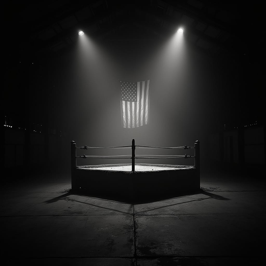 Une photographie en noir et blanc montrant un ring de catch délabré, abandonné dans un grand hangar vide. Un unique projecteur éclaire faiblement le centre du ring, renforçant l’atmosphère oppressante. Au second plan, on distingue un drapeau américain légèrement en lambeaux, suspendu et mal éclairé, symbole d’une démocratie vacillante. Le contraste appuyé (clairs-obscurs) donne une touche dramatique, rappelant la tension et la violence qui émanent des analyses de Chris Hedges sur l’état de la société et la