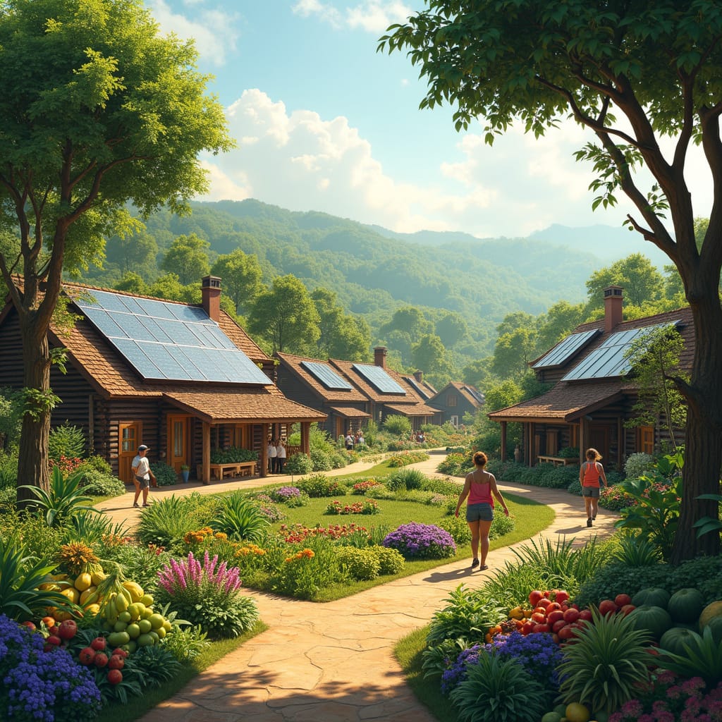 Un village écologique en pleine nature, avec des maisons en bois et en terre, des toits végétalisés, des panneaux solaires et des éoliennes. Au centre, un marché local où les habitants échangent des produits. Des jardins collectifs luxuriants avec des cultures diversifiées, et des personnes travaillant ensemble en harmonie.