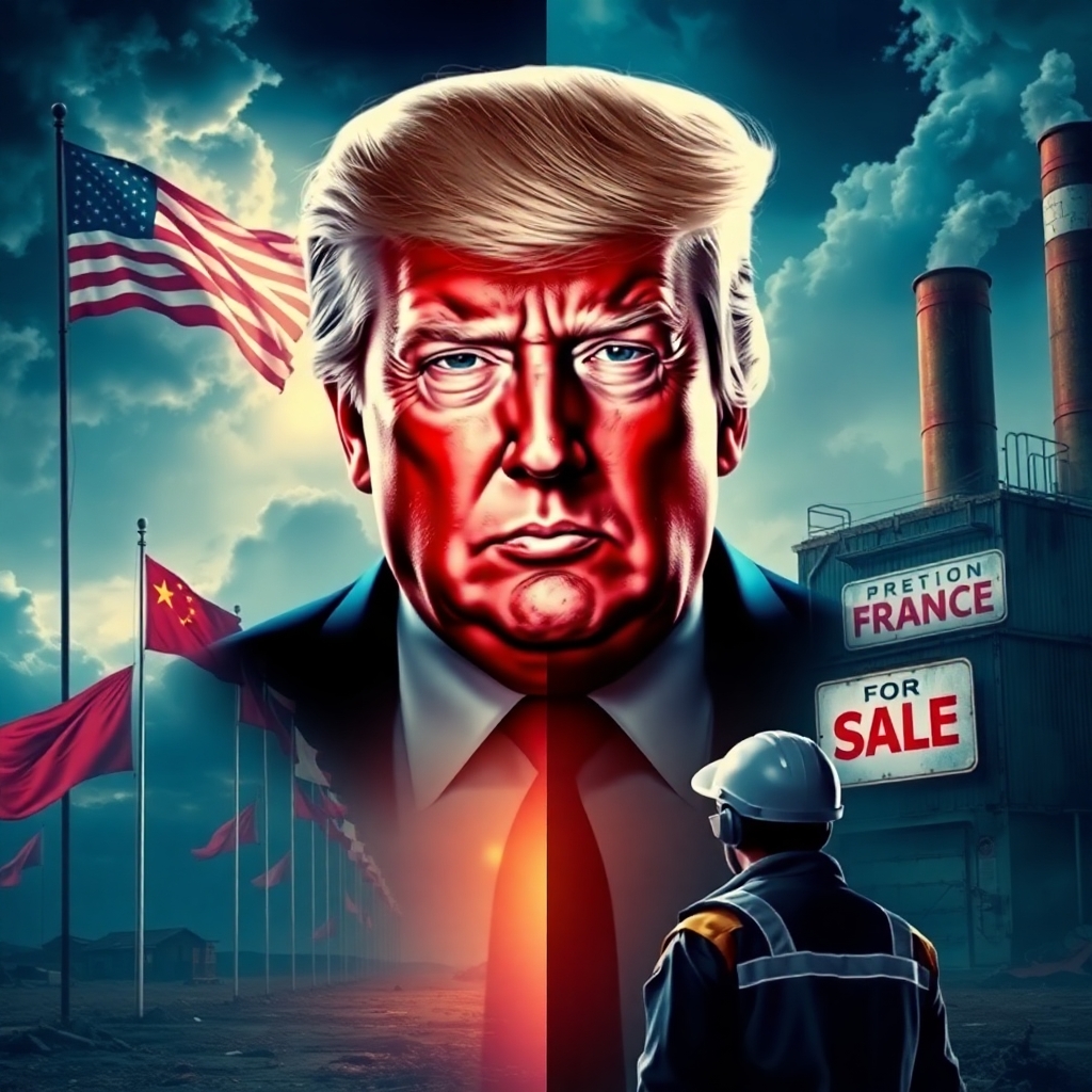 "Un portrait imposant de Donald Trump au centre de l’image, avec une expression déterminée et une lumière dramatique accentuant ses traits. En arrière-plan, un décor divisé en deux parties : à gauche, des drapeaux américains et chinois qui flottent sous un ciel orageux, symbolisant la guerre commerciale et les tensions mondiales ; à droite, une usine française abandonnée avec une pancarte ‘À vendre’ accrochée à une grille rouillée, devant laquelle un ouvrier en tenue de travail regarde l’horizon
