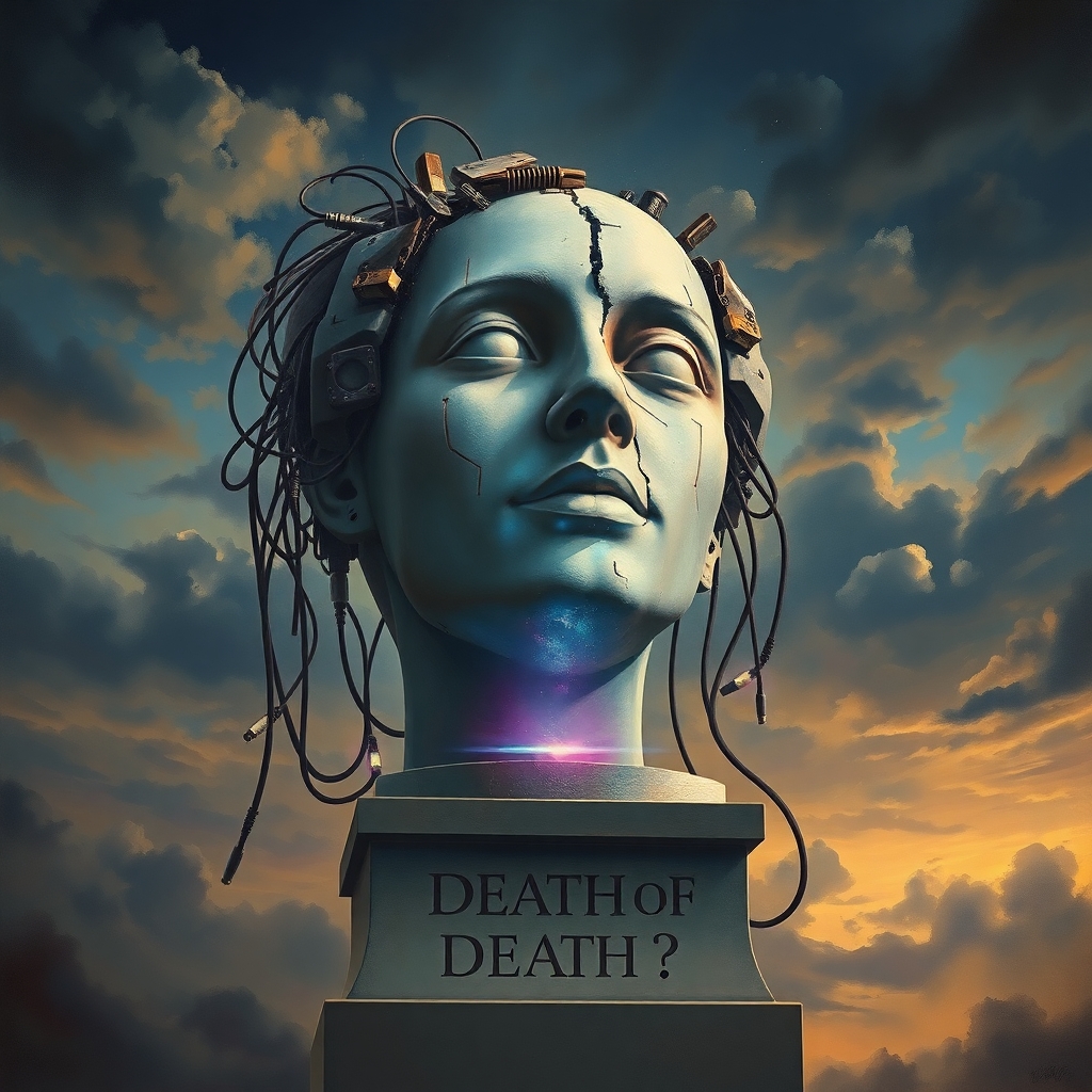 Une peinture à l'huile classique et une ambiance éthérée et spirituelle entourent une statue représentant un visage humain brisé, avec des circuits et des câbles électroniques. « Death of Death » (La mort de la mort) est gravé sur son piédestal. Un écran holographique projette un visage souriant 