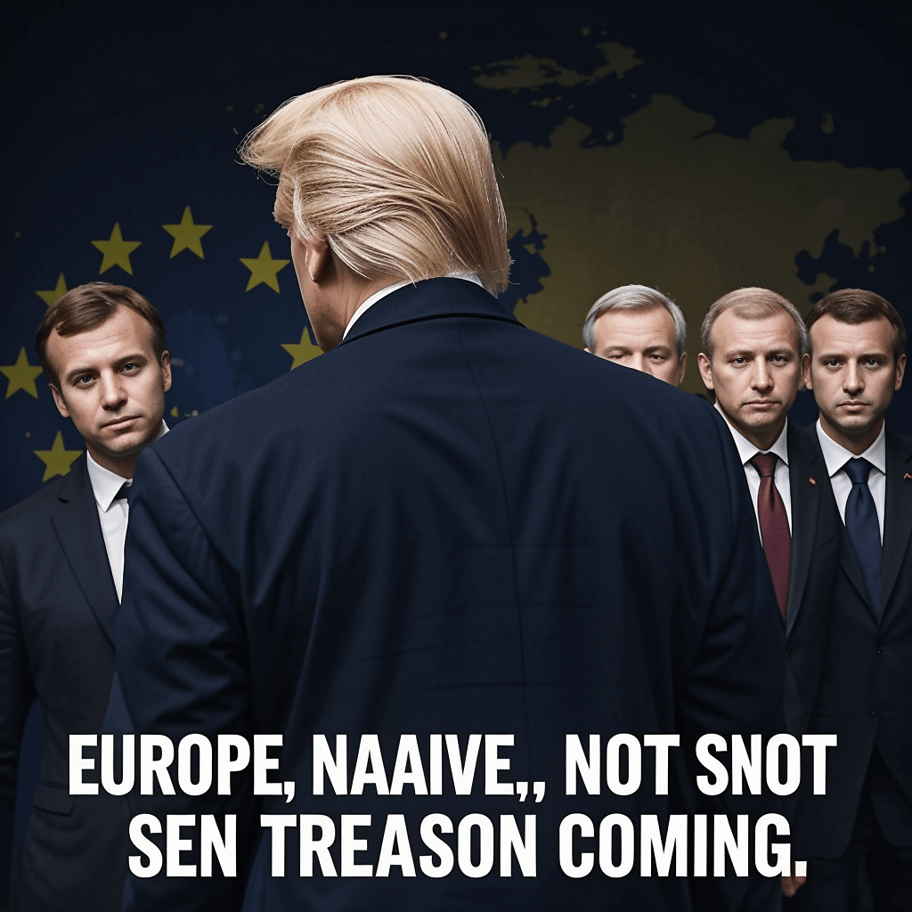 Trump, vu de dos, s’éloigne, laissant derrière lui des dirigeants européens qui semblent perdus ou inquiets. Emmanuel Macron, Olaf Scholz, et d'autres leaders européens peuvent être légèrement flous, comme s'ils réalisaient trop tard qu’ils ont été abandonnés. En arrière-plan, un drapeau européen en lambeaux ou une carte de l’Ukraine assombrie. 🔹 Message : L’Europe, naïve, n’a pas vu venir la trahison.