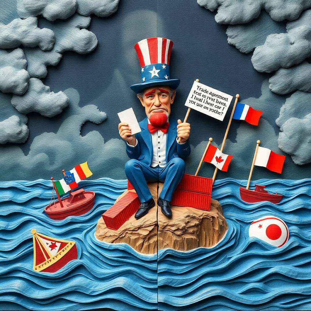 Une illustration de style caricature politique représentant l'Oncle Sam assis seul sur une petite île, entouré de conteneurs d'expédition flottant au loin. Il a l'air angoissé, tenant un document d'accord commercial brisé, tandis que le reste du monde (représenté par les drapeaux de divers pays) fait des affaires sans lui. L'arrière-plan représente un paysage économique orageux, avec un billet d'un dollar qui coule dans l'océan.