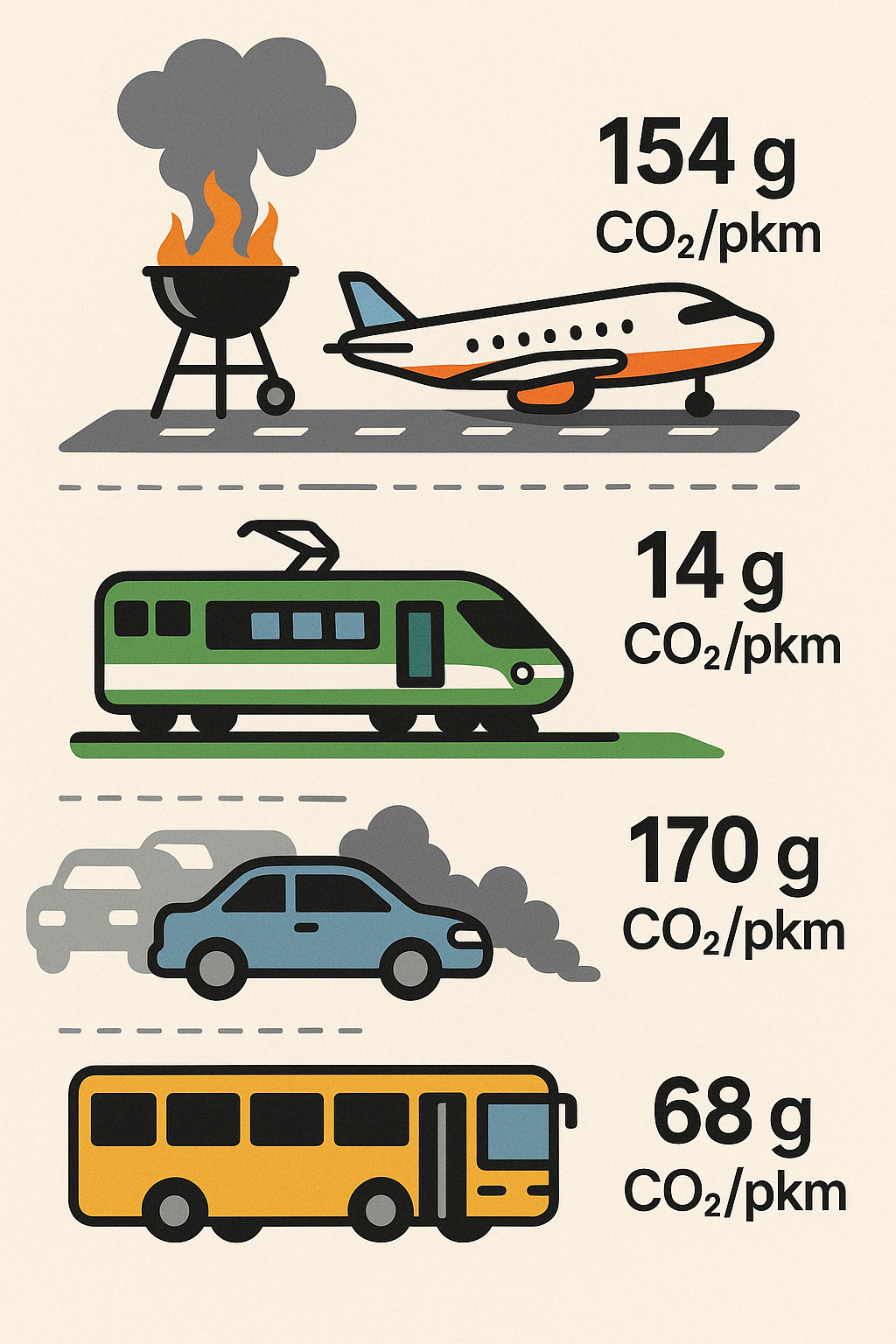 illustration qui condense visuellement les émissions de CO₂ par passager-kilomètre pour avion, train, voiture et bus.
