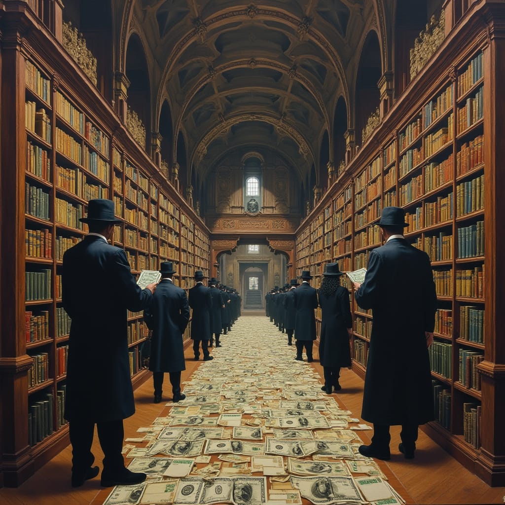 Une bibliothèque enchaînée, symbole de la culture verrouillée par le pouvoir économique, avec à l'arrière-plan des silhouettes de milliardaires...