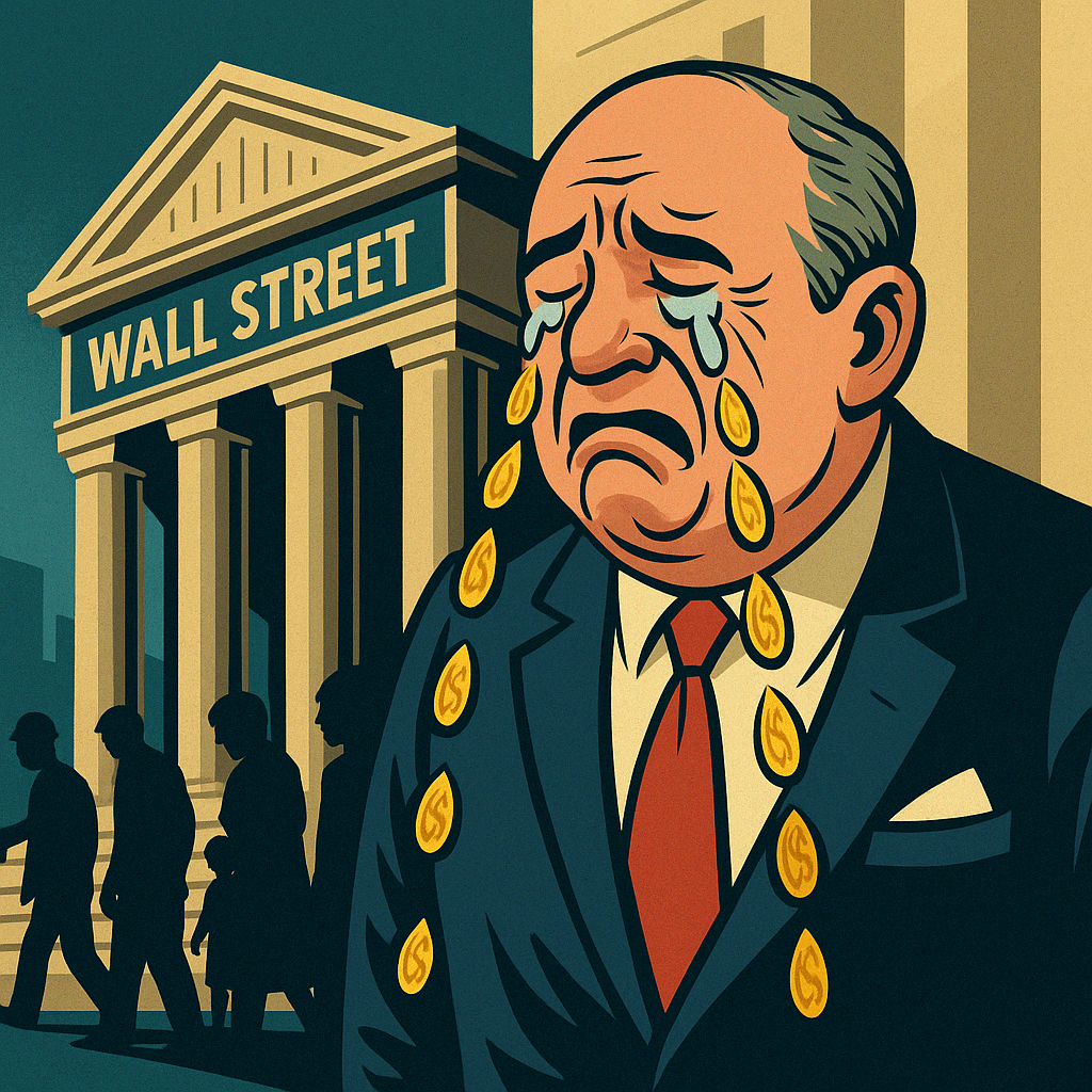 Voici une illustration satirique qui frappe par son contraste : un milliardaire en costume trois‑pièces devant le temple de Wall Street, versant des larmes en pièces d’or, tandis que des silhouettes de travailleurs s’éloignent dans l’ombre