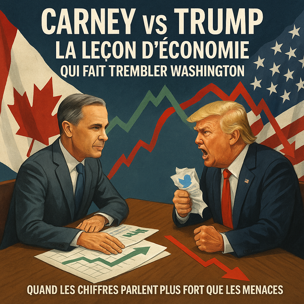 Titre sur l’image : « Carney vs Trump : La leçon d’économie qui fait trembler Washington » Visuel principal : Une table de négociation vue en plongée, côté gauche un Mark Carney serein, costume gris, posant une pile de graphiques et de données. Côté droit, Donald Trump en colère, des tweets froissés dans la main. En arrière-plan, la silhouette des drapeaux canadien et américain en tension (les drapeaux se « déchirent » symboliquement au centre). Éléments graphiques : Un graphique en flèche rouge qui p