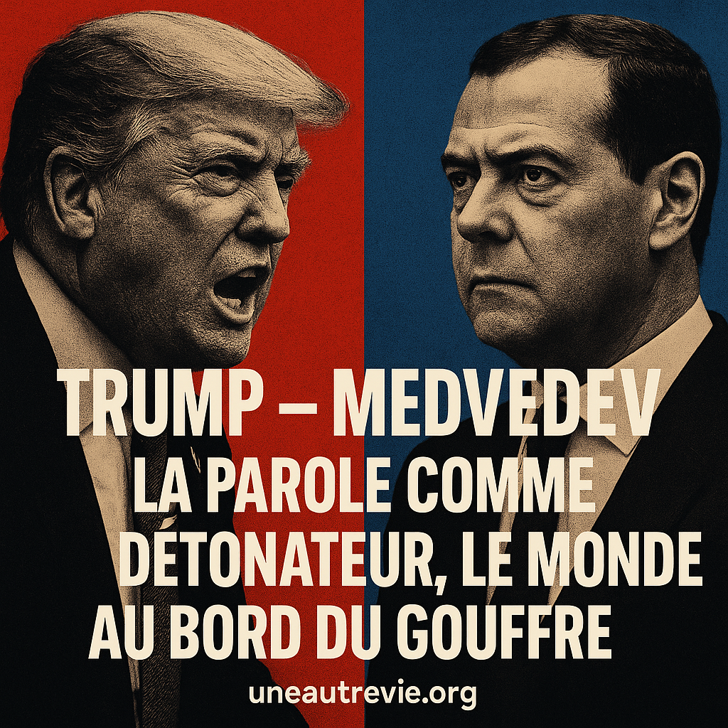 ortraits de Donald Trump et Dmitri Medvedev en confrontation visuelle, chacun sur une moitié de l’image – Trump à gauche sur fond rouge, Medvedev à droite sur fond bleu. Leurs visages sont tendus, sérieux, accentuant l’intensité du face-à-face. En lettres capitales, le texte : « TRUMP – MEDVEDEV : LA PAROLE COMME DÉTONATEUR, LE MONDE AU BORD DU GOUFFRE ». En bas, le nom du site : uneautrevie.org.