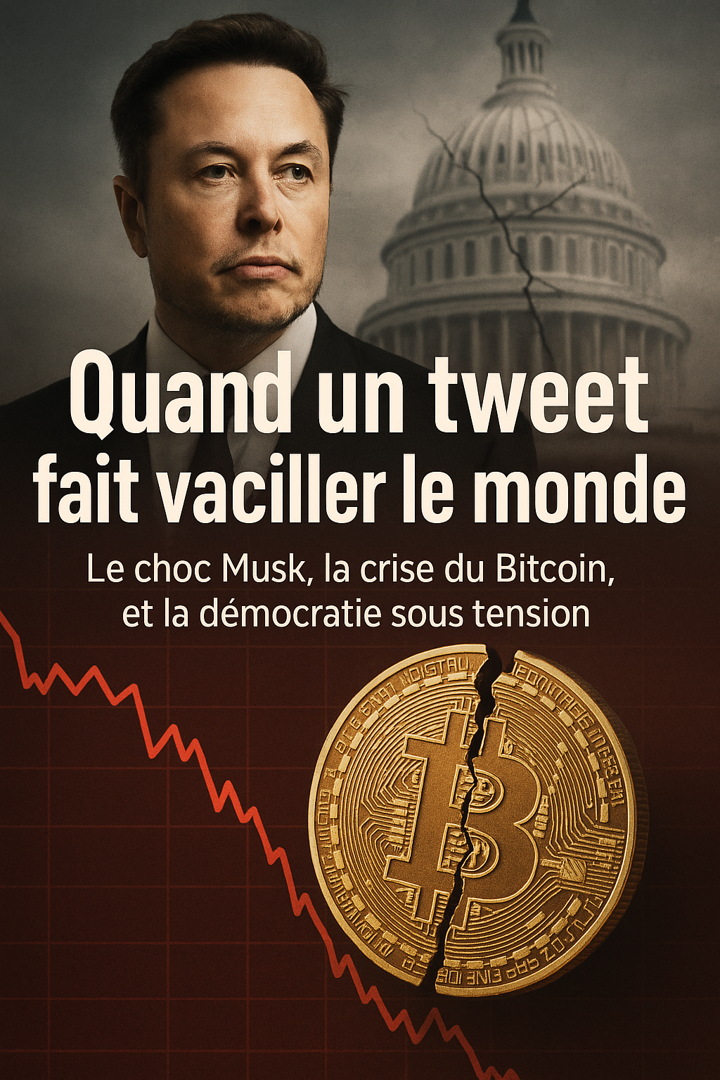 Elon Musk en arrière-plan, à demi flouté, dans un décor de Capitole américain fissuré. Une énorme pièce de bitcoin fendue en deux, tombant vers un graphique boursier rouge. En surimpression : "Quand un tweet fait vaciller le monde" Le choc Musk, la crise du Bitcoin, et la démocratie sous tension