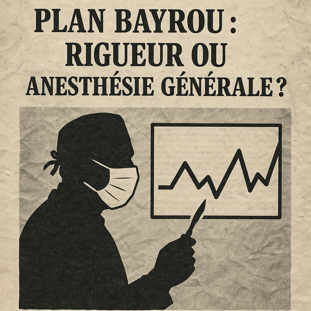 fond froissé,  Bayrou en silhouette de chirurgien (ou équilibriste),  un graphique budgétaire en zigzag,  texte : « Plan Bayrou : rigueur ou anesthésie générale ? »