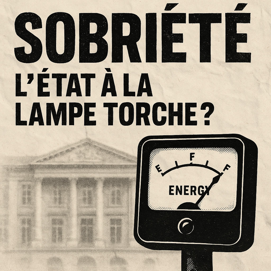 Fond froissé  Bâtiment public flou (type ministère ou préfecture)  Compteur énergétique vacillant  Texte : « Sobriété : l’État à la lampe torche ? »
