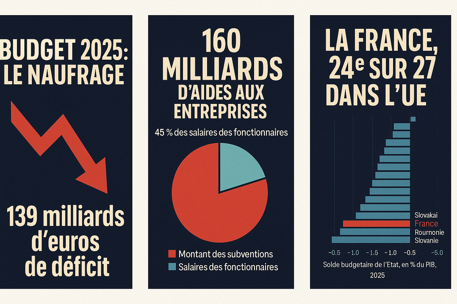 Budget 2025 : chronique d’un naufrage 139 milliards de déficit. 45 % des recettes. Une dérive inédite. 160 milliards d’aides aux entreprises La France, 24e sur 27 dans l’UE Juste devant la Roumanie.