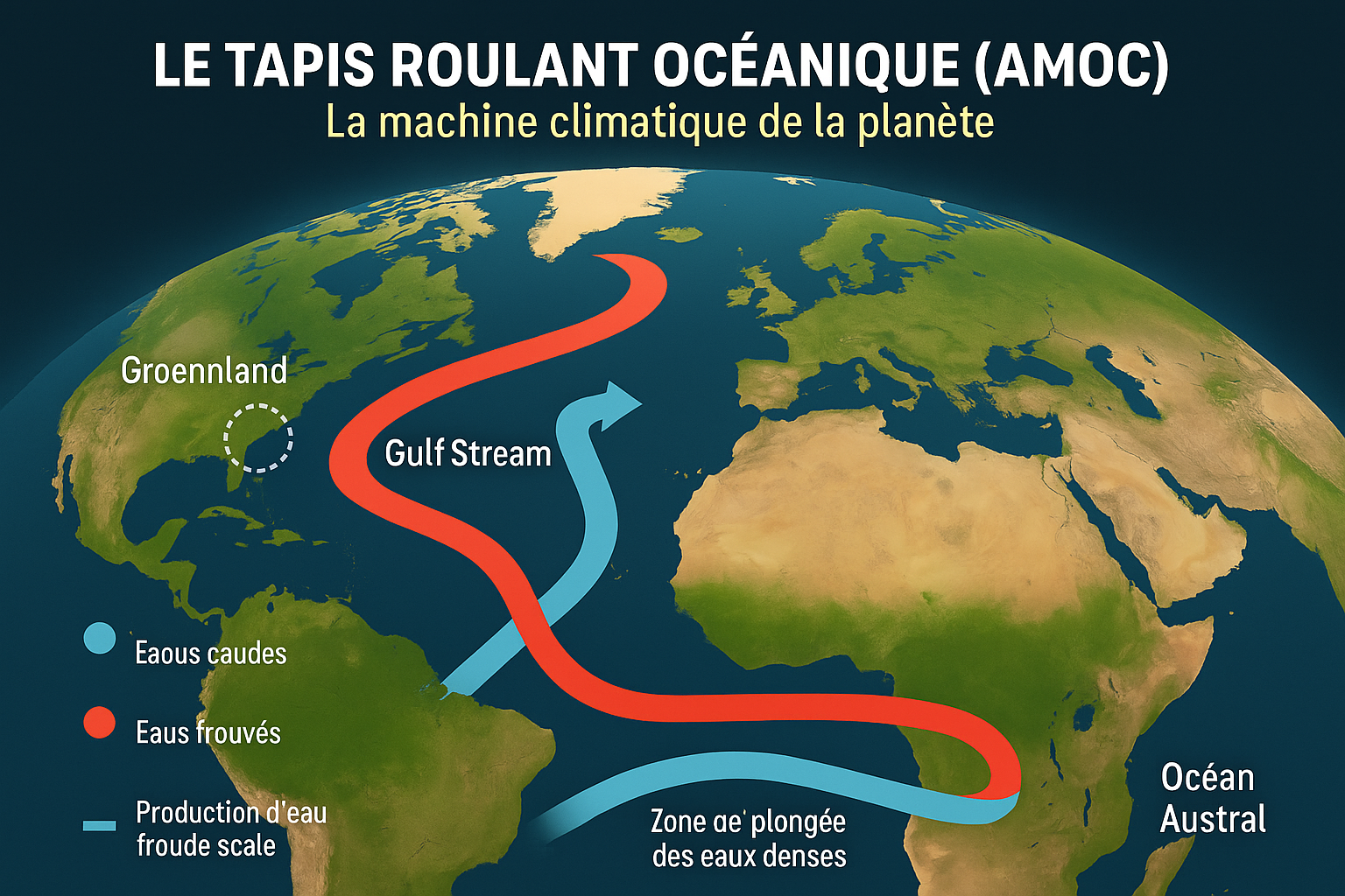 ue 3D simplifiée de l’Atlantique avec les flèches colorées : 🔴 Flèches rouges : eaux chaudes de surface montant vers le nord. 🔵 Flèches bleues : eaux froides profondes descendant vers le sud. Zones clés étiquetées : Gulf Stream, Groenland, Océan Austral. Titre : La machine climatique de la planète.