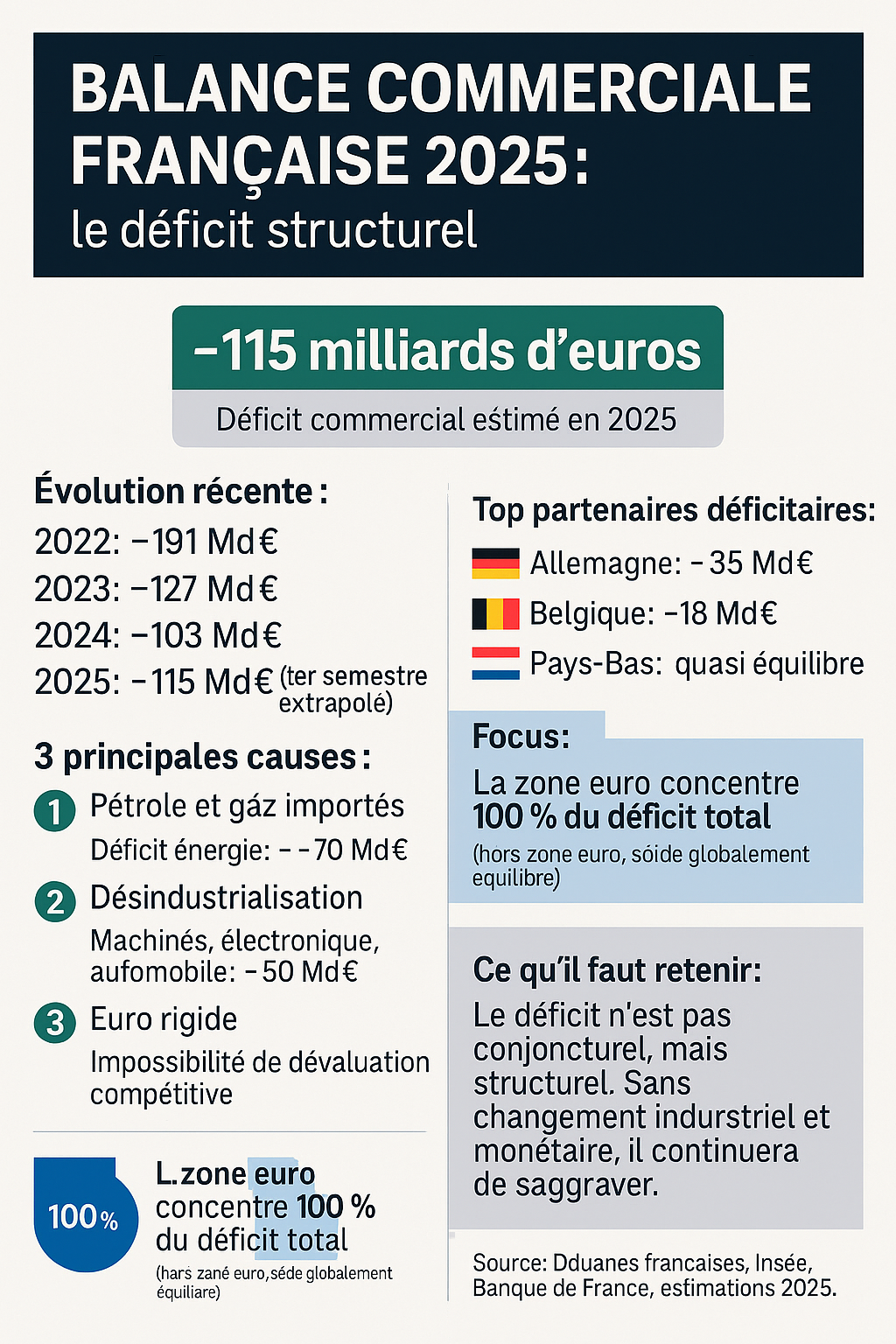 🎯 Titre : Balance commerciale française 2025 : le déficit structurel 🟢 Chiffre clé central : -115 milliards d’euros Déficit commercial estimé en 2025 📊 Évolution récente : 2022 : -191 Md€ 2023 : -127 Md€ 2024 : -103 Md€ 2025 : -115 Md€ (1er semestre extrapolé) ⚠️ 3 principales causes : 1️⃣ Pétrole et gaz importés Déficit énergie : ~ -70 Md€ 2️⃣ Désindustrialisation Machines, électronique, automobile : -50 Md€ 3️⃣ Euro rigide Impossibilité de dévaluation compétitive 🌍 Top partenaires déficitair