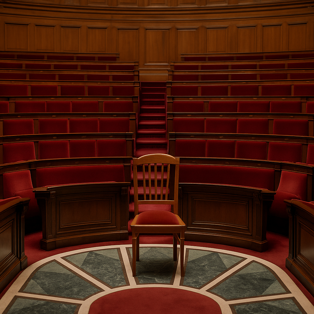 Une chaise vide dans un hémicycle déserté → Symbole de la solitude du pouvoir, du vide démocratique.