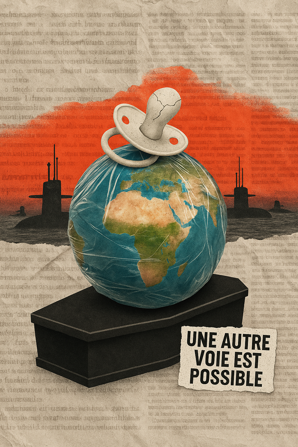 🌍 Une planète Terre sous plastique (entièrement emballée comme une barquette de supermarché), posée sur un socle en forme de cercueil. 👶 Une tétine fissurée posée sur le globe, symbole de la natalité en déclin. 🚨 En arrière-plan, des silhouettes de sous-marins nucléaires à l’horizon, sous un ciel rougeoyant. 📰 Une texture de papier journal froissé en fond, avec des extraits d’articles flous (symbolisant la saturation médiatique). ✊ Un sticker façon collage militant : « Une autre voie est possible ».