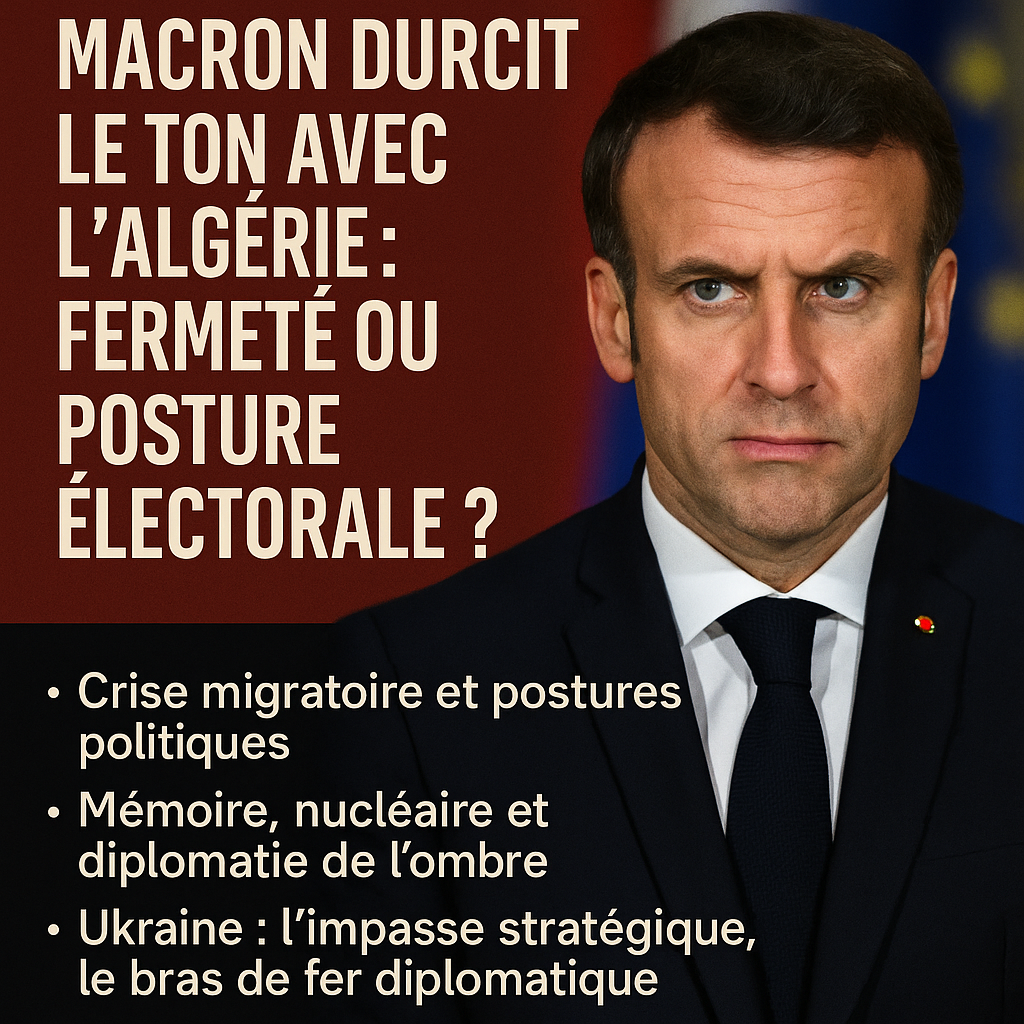 Portrait en gros plan du président Emmanuel Macron, regard déterminé, sur fond flou de drapeaux français et européen. À gauche de l’image, un encadré rouge foncé affiche le titre en lettres blanches : « MACRON DURCIT LE TON AVEC L’ALGÉRIE : FERMETÉ OU POSTURE ÉLECTORALE ? ». Trois puces résument les thématiques : crise migratoire et posture politique ; mémoire, nucléaire et diplomatie de l’ombre ; Ukraine : impasse stratégique et bras de fer diplomatique.