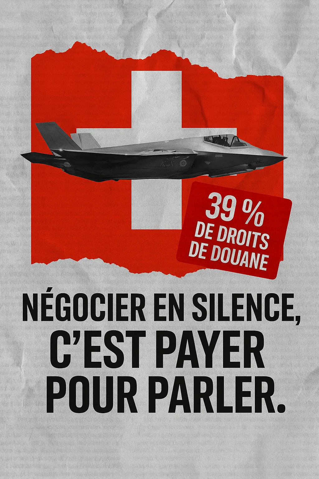 🟨 Style : collage graphique de presse / fond papier journal froissé 🛩️ Image centrale : un F-35 américain sur fond de drapeau suisse déchiré 📉 Étiquette rouge : "39 % de droits de douane" 💬 Slogan : « Négocier en silence, c’est payer pour parler. »