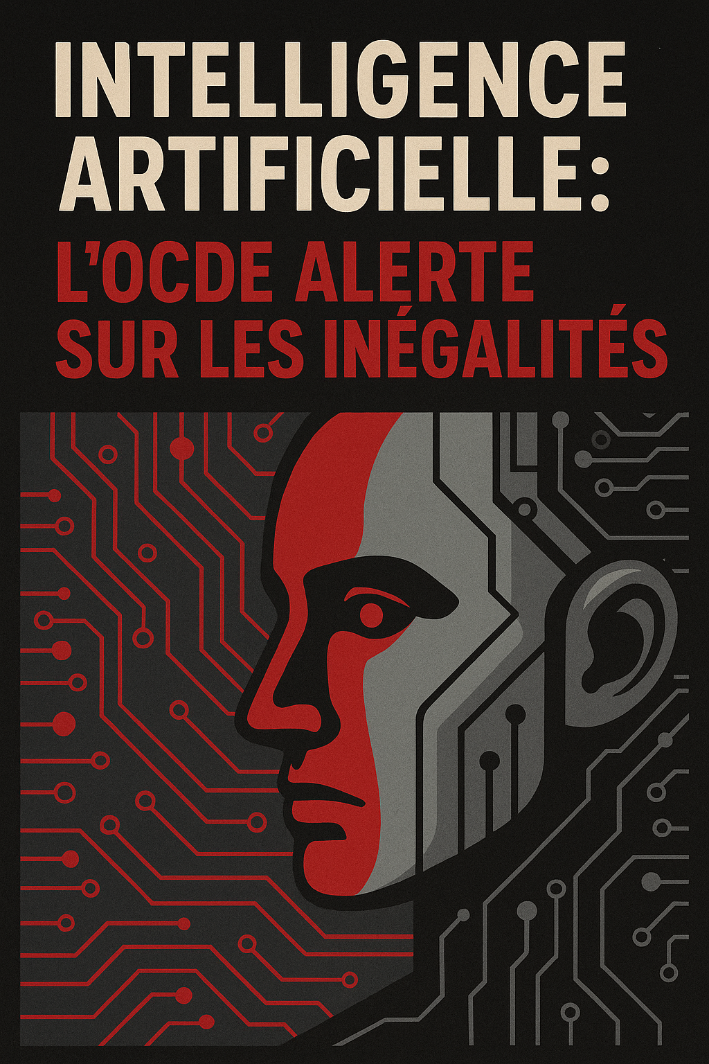 Un graphisme percutant avec en arrière-plan un visage stylisé mi-humain, mi-robot, superposé à des circuits imprimés. En haut : « Intelligence artificielle : l’OCDE alerte sur les inégalités » Couleurs dominantes : noir, rouge et gris acier (effet “alerte + techno”).