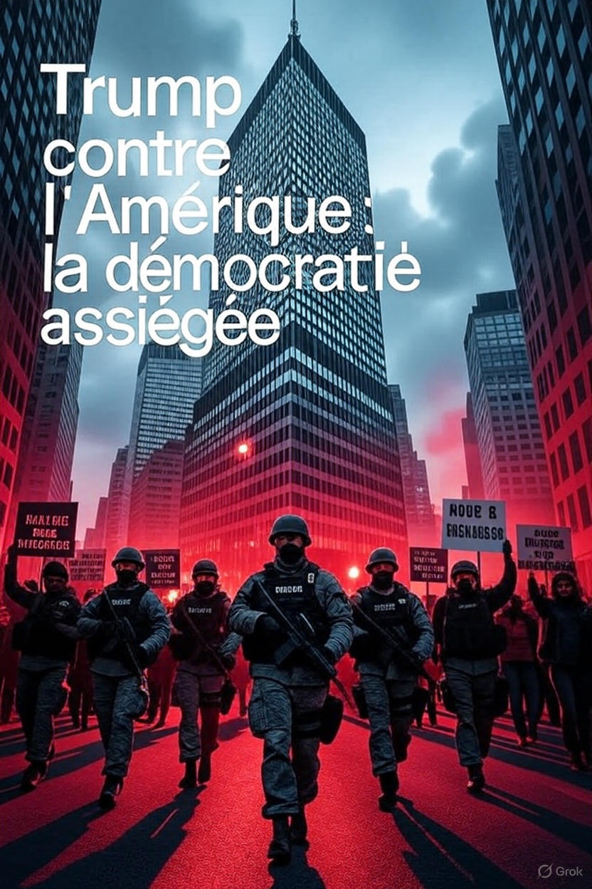 Une photo-montage dramatique style « presse engagée » : – Des soldats de la Garde nationale en treillis, patrouillant devant la Trump Tower à New York. – Des manifestants brandissant des pancartes « Workers Over Billionaires », « Free D.C. », « No federal troops in Chicago ». – Ambiance sombre, tons rouges et noirs, ciel orageux symbolisant la crise démocratique. – Un contraste fort entre la lumière froide sur les militaires et une lumière chaude sur les manifestants. – Style réaliste avec une touche graphi