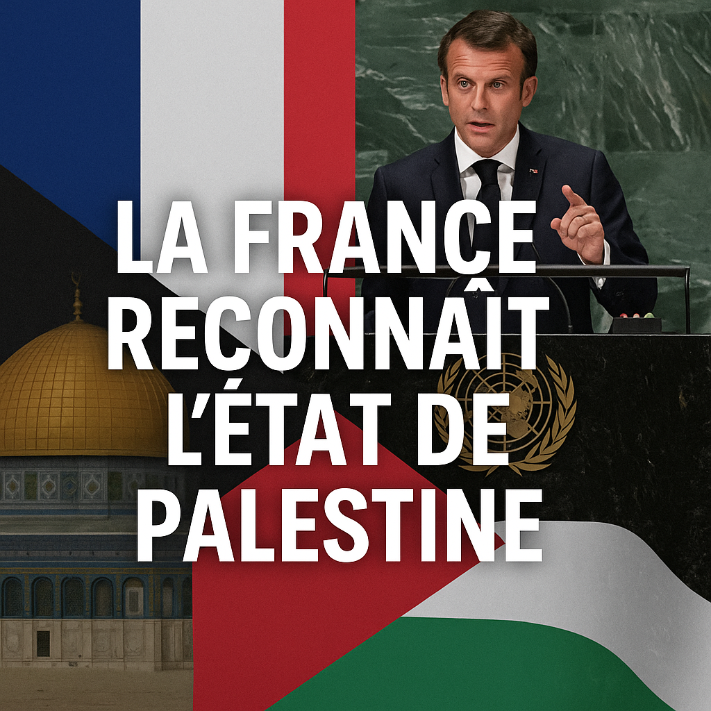 limage représete macron avec en ahut a gauche un drapeau français et en bas a droite le drapeau palestinien et le texte en sur impression: La France reconnait la Palestine