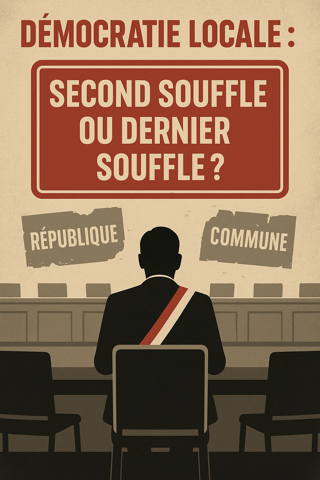 Un visuel de style journal engagé :  En arrière-plan, la silhouette d’un maire seul dans une salle de conseil municipal vide.  Les murs portent des affiches déchirées “République / Commune”.  En premier plan, un panneau “Démocratie locale : second souffle ou dernier souffle ?”.