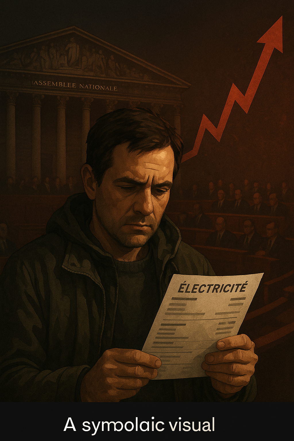Un montage photo symbolique :  une Assemblée nationale plongée dans la pénombre,  un graphique rouge montant représentant les profits des grandes entreprises,  et au premier plan, un citoyen anonyme, facture d’électricité à la main.