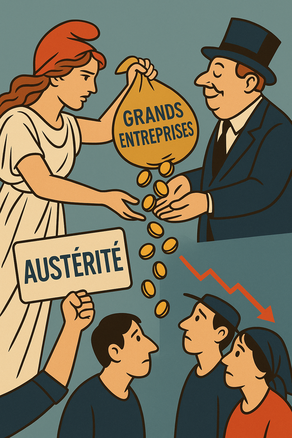 arianne versant l’argent public aux grandes entreprises pendant que le peuple regarde