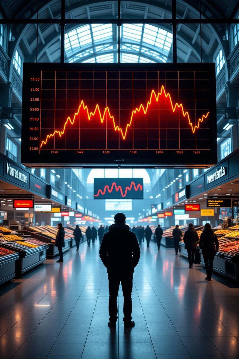 Photo réaliste d’une salle de marché plongée dans la pénombre, où des écrans géants affichent des courbes descendantes rouges. En premier plan, une silhouette ouvrière floue regarde la scène à travers une vitre fissurée. Lumière froide, ambiance oppressante, style photo-reportage économique.
