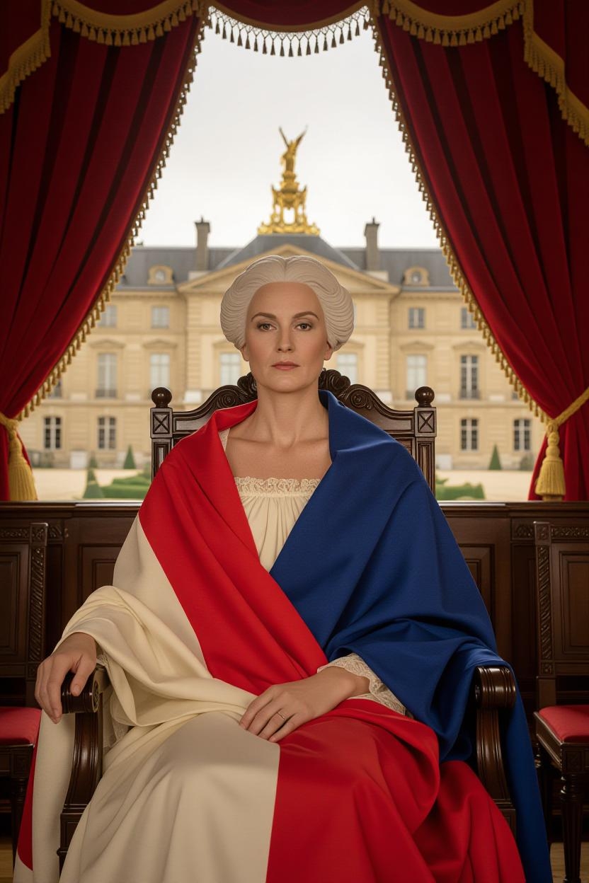 Une Marianne moderne, visage fatigué, drapée d’un drapeau tricolore effiloché, assise sur un fauteuil de l’Assemblée vide. Derrière elle, l’Élysée éclairé comme un théâtre, avec un projecteur sur un rideau rouge entrouvert. Style réaliste-pictural, tons sépia et bleu nuit, texture “presse magazine engagée”.