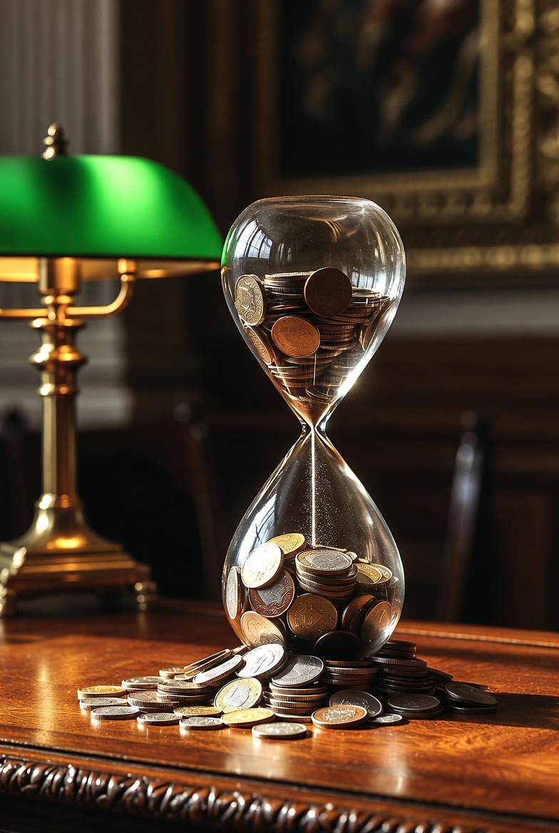 “Un sablier posé sur un bureau ministériel, rempli non de sable mais de pièces de monnaie, éclairé par une lumière dorée, symbolisant le temps et l’argent des retraites françaises.”