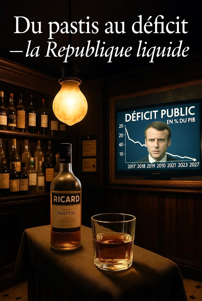 Un bar parisien nocturne, lumière jaune sale. Au comptoir, un verre de Ricard à moitié plein. En reflet, le visage de Macron se confond avec un écran montrant un graphique du déficit public. Titre en surimpression :  “Du pastis au déficit — la République liquide.”