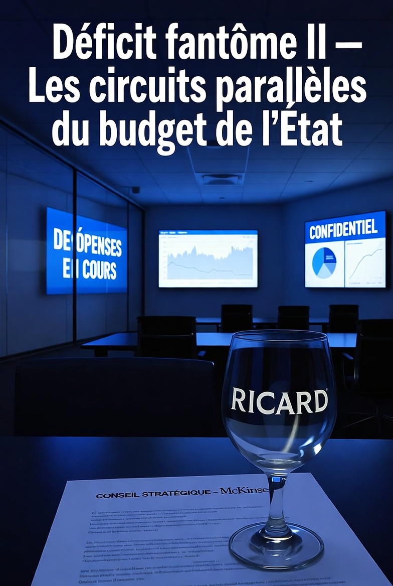 Un open space vide au ministère des Finances, de nuit. Sur les murs, des écrans affichent “Confidentiel — Dépenses en cours”. Au centre, un verre de Ricard oublié sur un dossier estampillé “Conseil stratégique – McKinsey”. Couleurs : bleu froid et lumière de néon. Titre en surimpression :  “Déficit fantôme II — Les circuits parallèles du budget de l’État.”