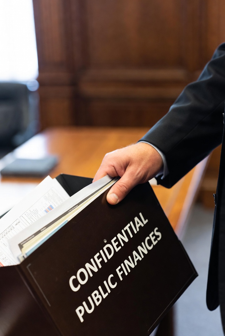 Une main masculine ferme un classeur marqué “Finances publiques – confidentiel”. Autour, un faisceau de lumière s’éteint, ne laissant visible que le mot “secret”. En arrière-plan, un bureau de Bercy, légèrement flou, ambiance froide et institutionnelle.