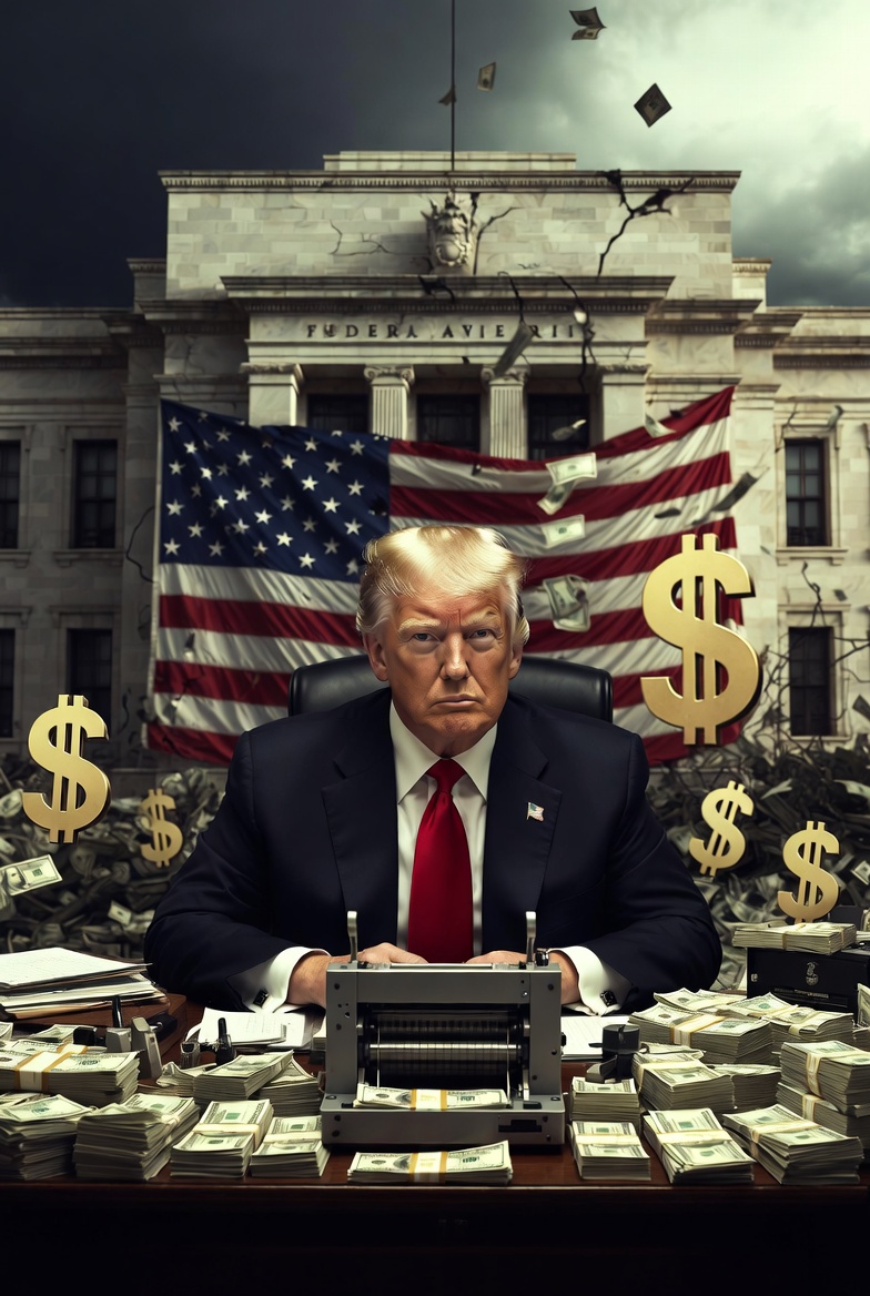 Donald Trump manipulant la Réserve fédérale comme une machine à imprimer des dollars, symbolisant la politisation de la monnaie américaine.