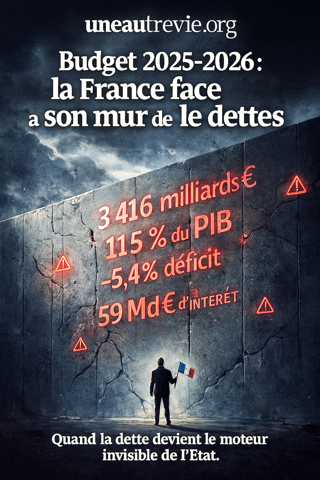 image de couverture de style magazine d’enquête pour un article intitulé : “Budget 2025-2026 : la France face à son mur de dettes”.  Concept visuel : un immense mur de béton représentant la dette publique (3 416 milliards d’euros), fissuré, marqué de signes rouges d’alerte, chiffres projetés ou gravés : “115 % du PIB”, “–5,4 % déficit”, “59 Md€ d’intérêts”.  Au premier plan : une petite silhouette humaine tenant un drapeau français et regardant le mur, symbolisant l’impuissance du citoyen face au poids de l
